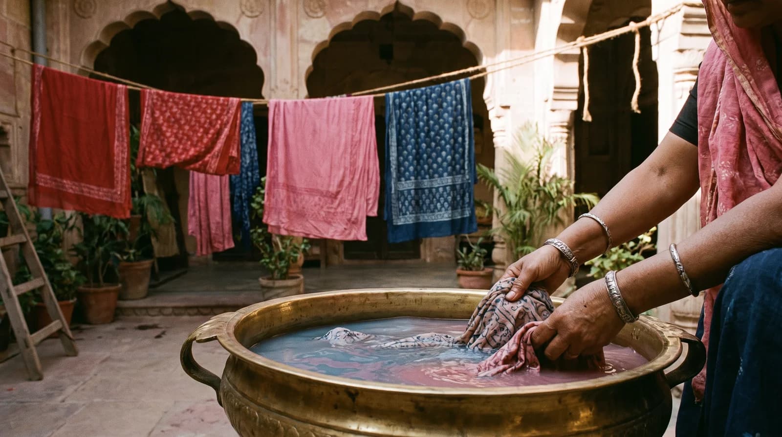 Hand block print cotton fabric being hand-washed gently in a basin of cold water beside a bar of mild soap and a bowl of salt