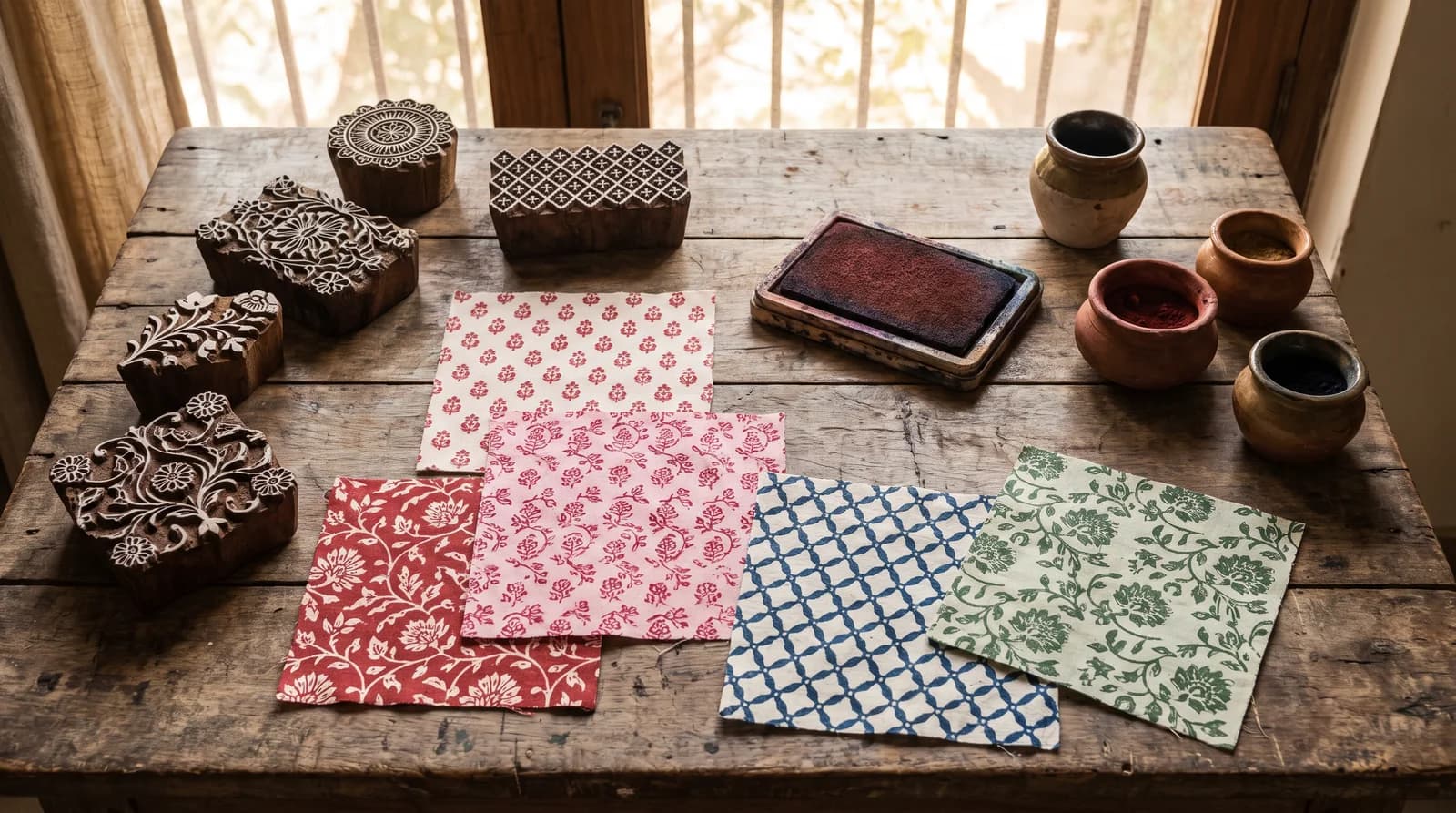 Close-up of Sanganeri hand block printed cotton showing fine floral buti sprigs, a paisley kairi buta and a running bel vine border in red and green on a white ground