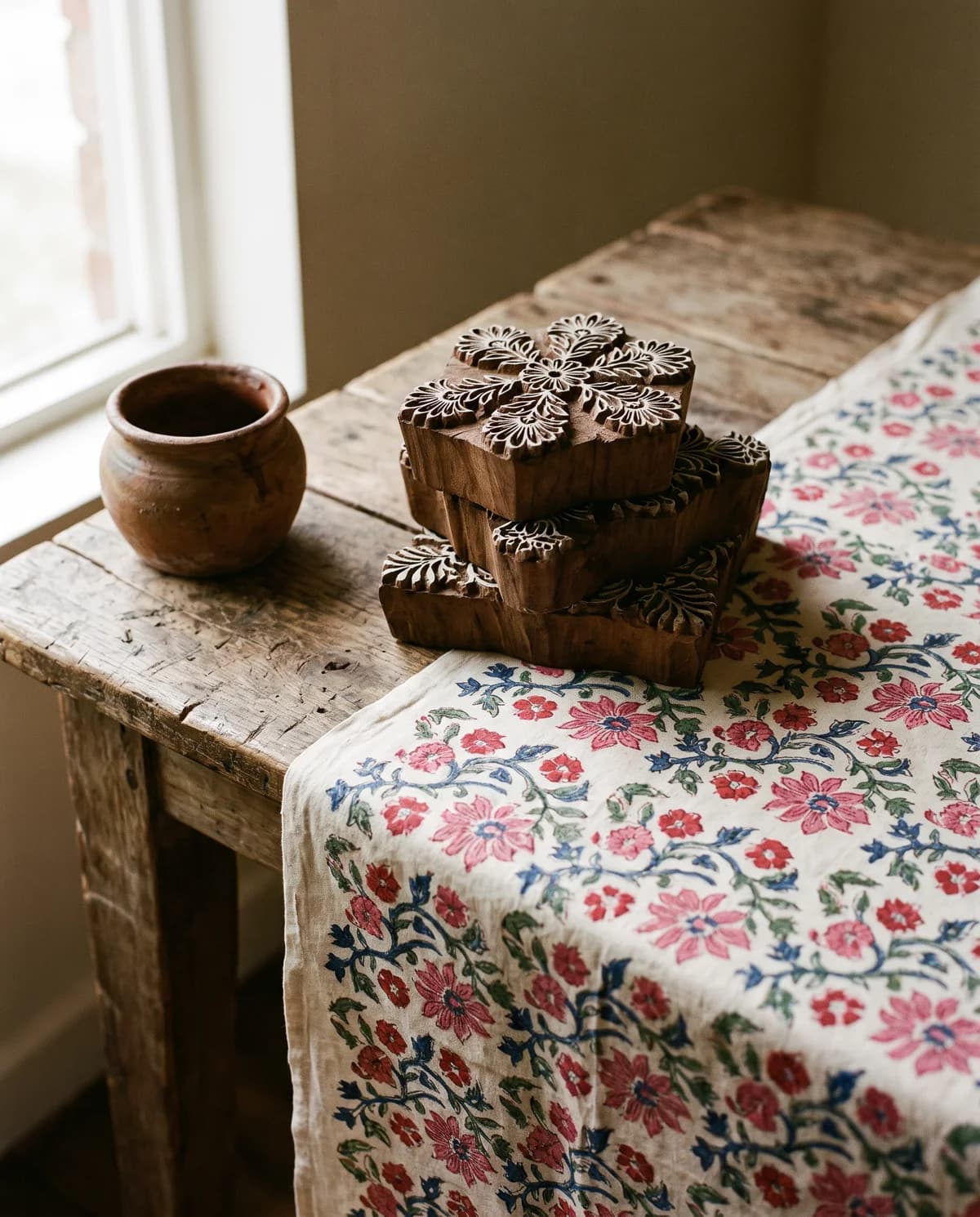 Hand-carved wooden printing blocks and Sanganeri print detail