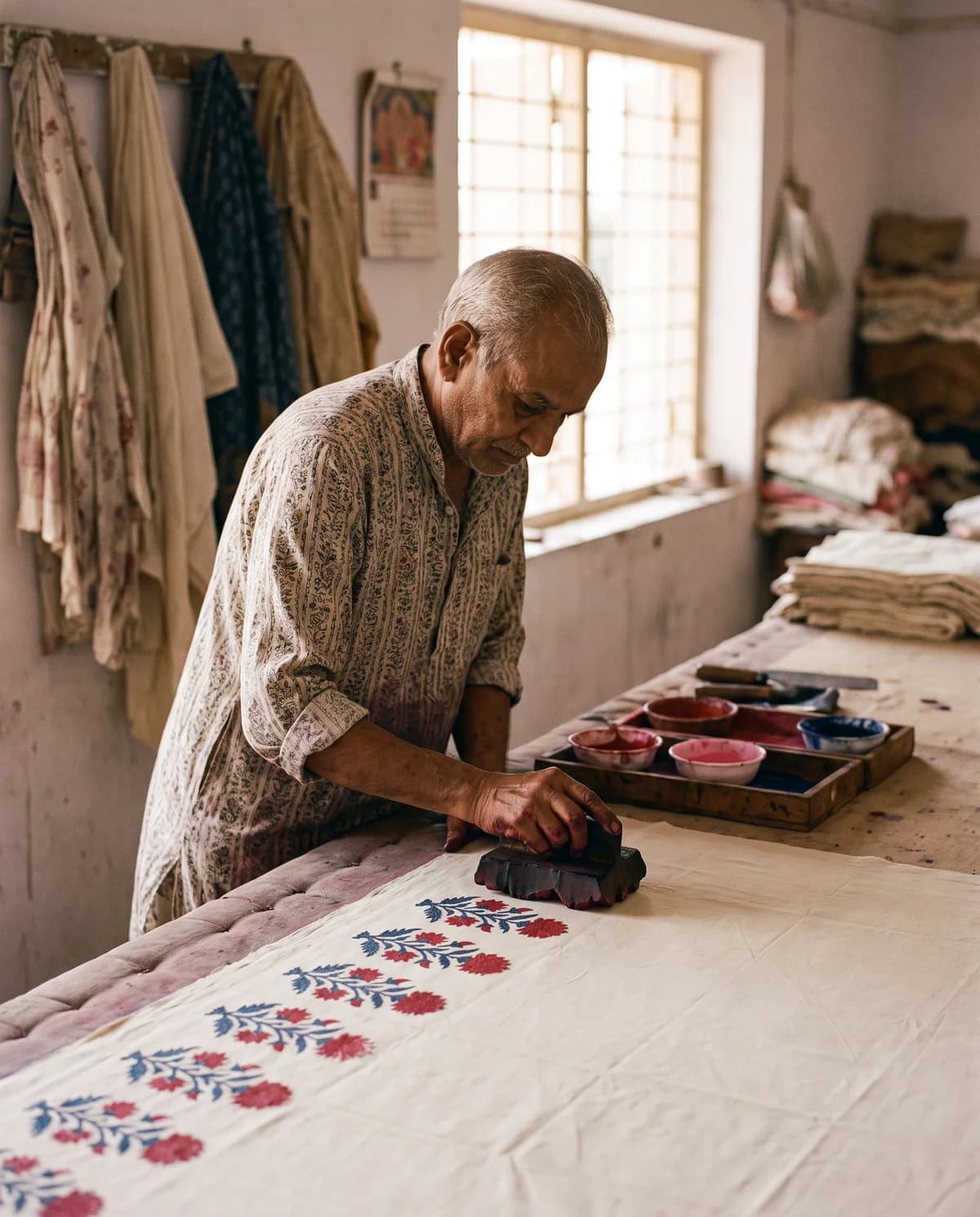 Printer stamping fabric with a wooden block at a Sanganer printing table