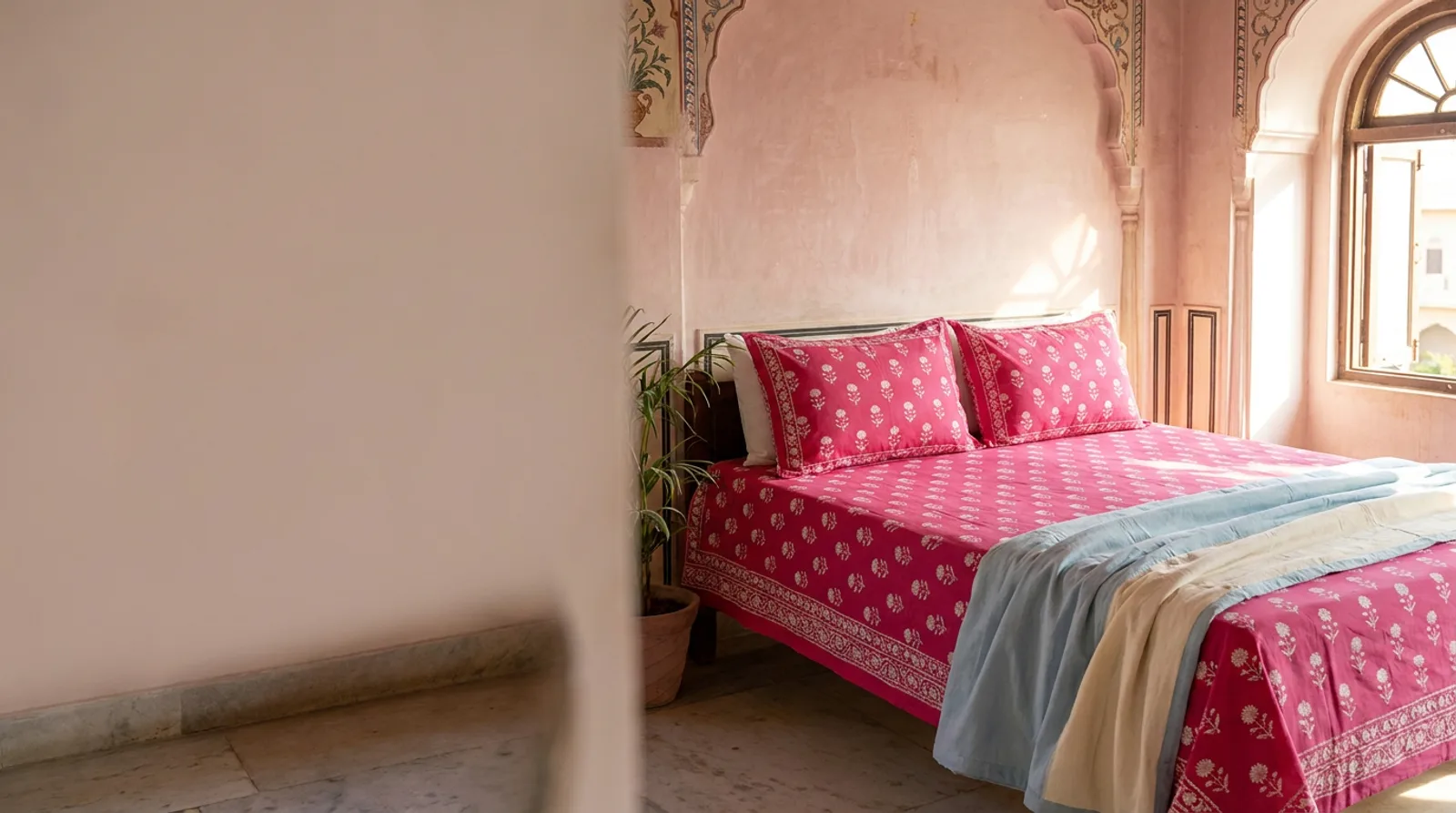 Sanganeri hand block printed bedsheet in rani pink buti
