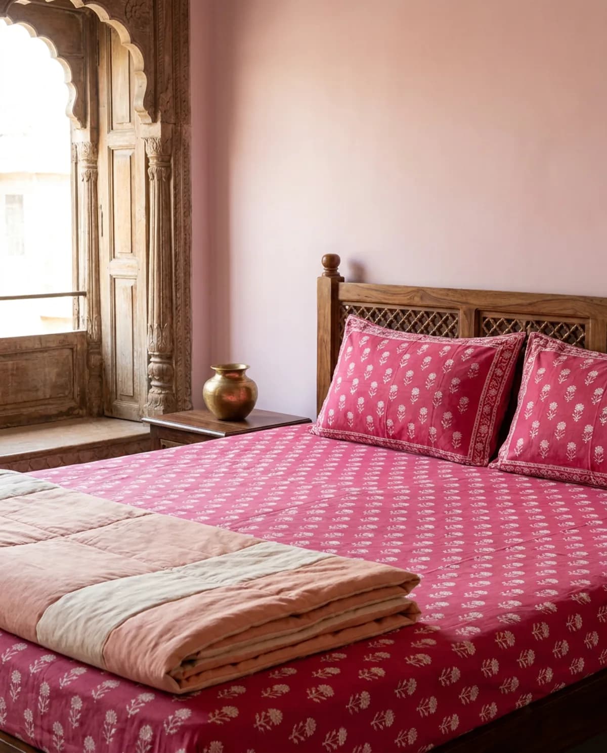 Sanganeri hand block printed bedsheet in rani pink buti