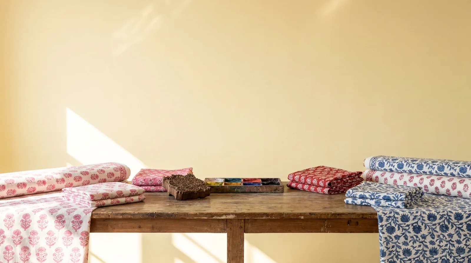 Bolts of Sanganeri hand block printed fabric by the meter