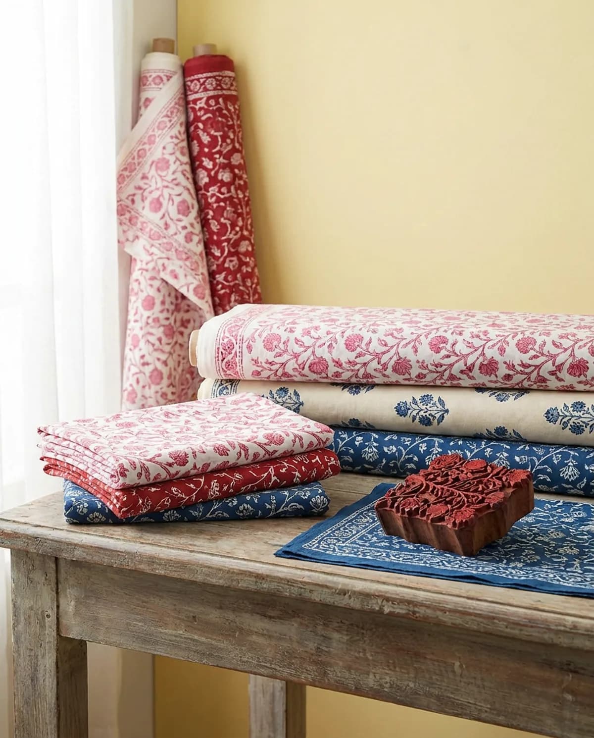 Bolts of Sanganeri hand block printed fabric by the meter