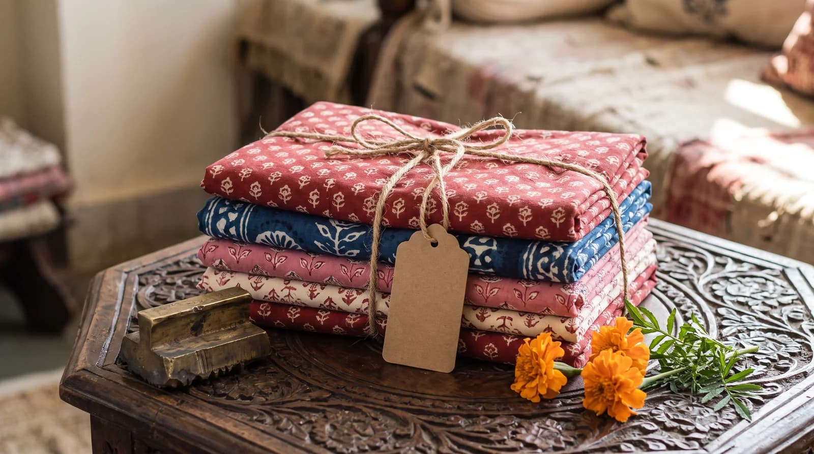 A hand block printed Sanganeri fabric beside a Geographical Indication registration document, illustrating the 2009 GI tag for the Sanganer craft cluster.