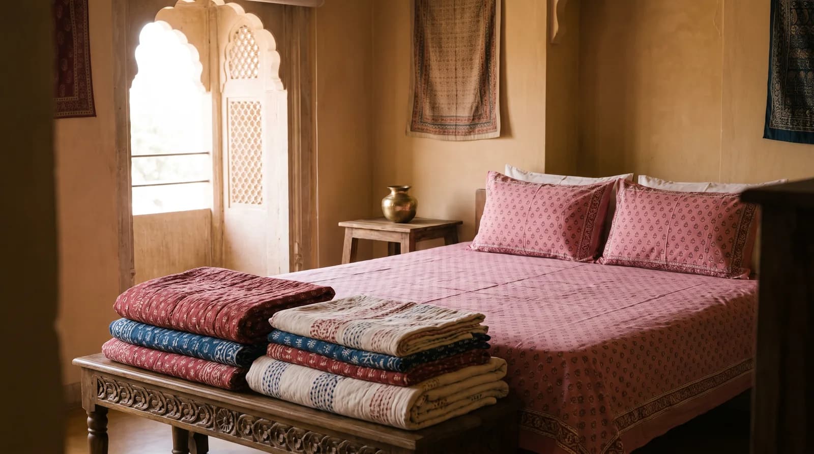 Folded Jaipuri hand block print cotton bedsheets in indigo and floral buti designs stacked with matching pillow covers