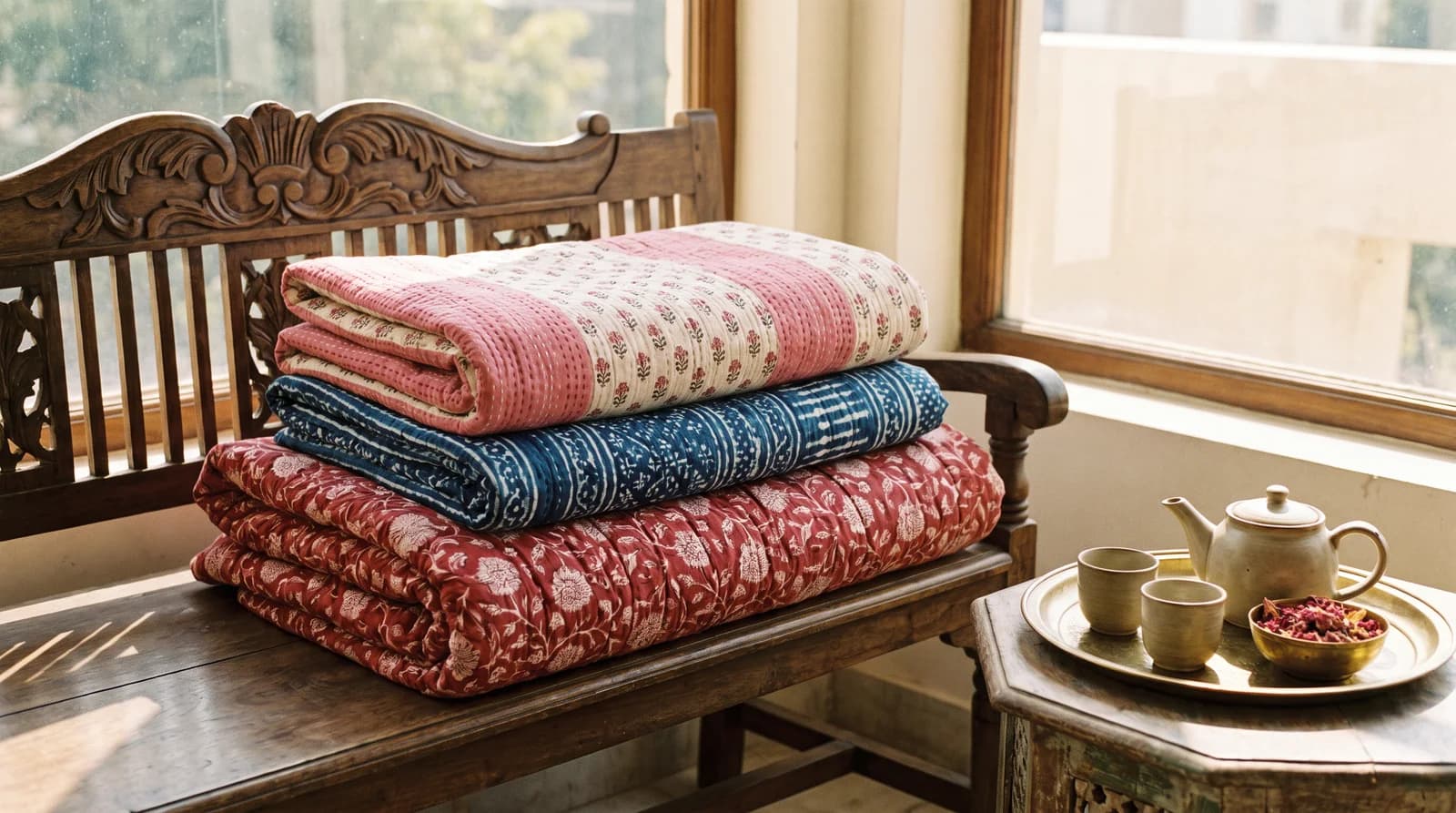 A folded lightweight Jaipuri razai, a printed mulmul dohar and a light AC quilt laid side by side on a bed to compare warmth and weight