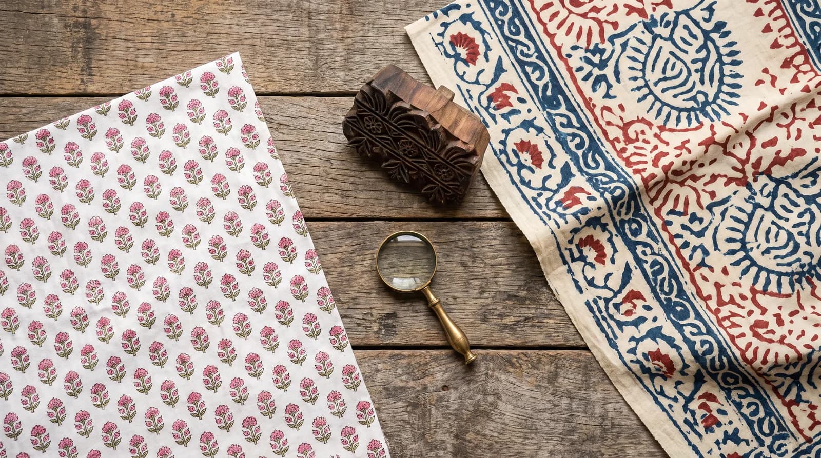 Three fabric swatches side by side: fine white-ground Sanganeri buti, earthy indigo Bagru dabu, and a flat uniform screen print, compared close up