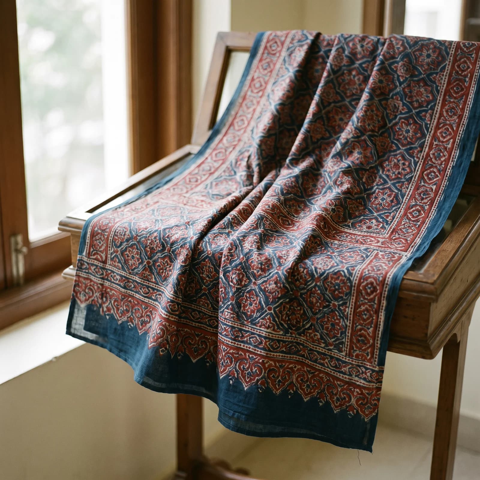 Ajrakh Hand Block Dupatta — Indigo-Madder