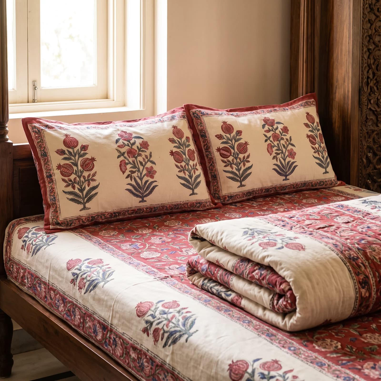 Anar Phool Hand Block Double Bedsheet + 2 PC — Madder Red