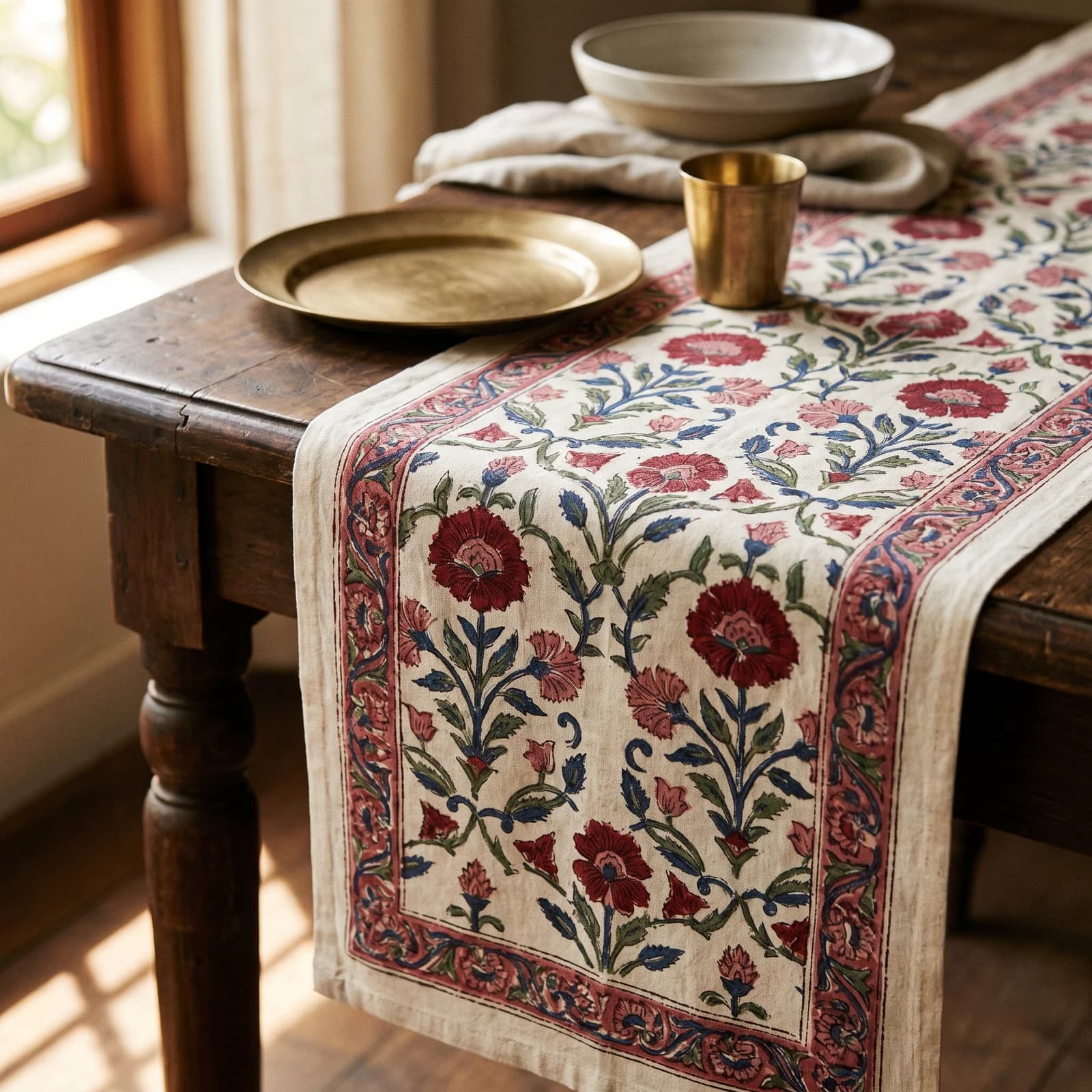 Block Print Table Runner — Mughal Bel Red