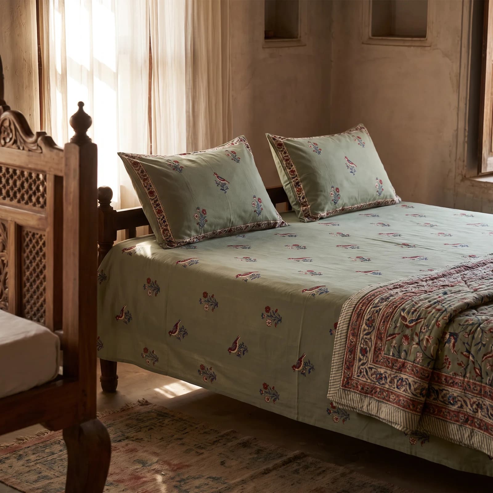 Chidiya Buti Hand Block Double Bedsheet + 2 PC — Sage Green