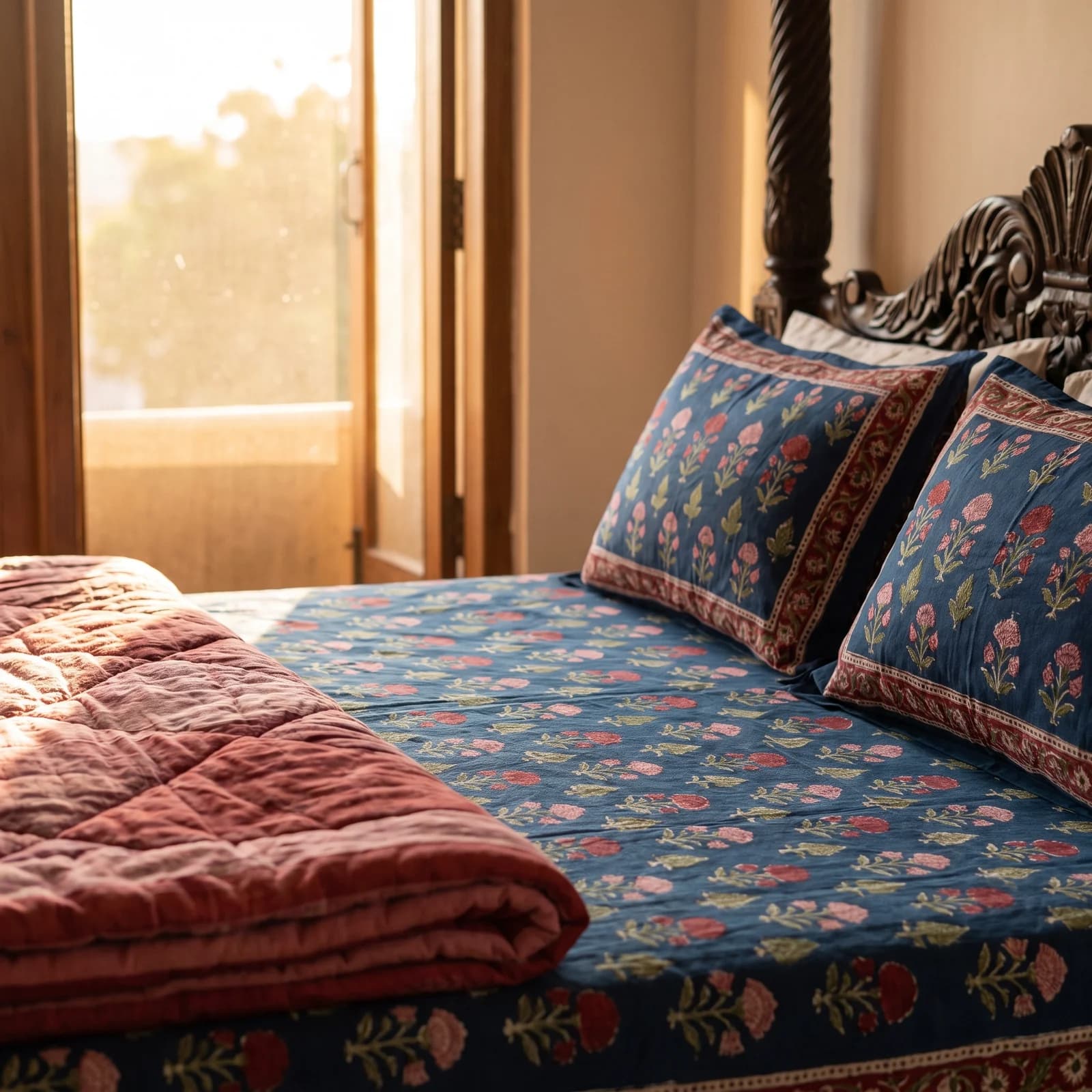 Dabu Indigo Hand Block King Bedsheet + 2 PC — Deep Blue