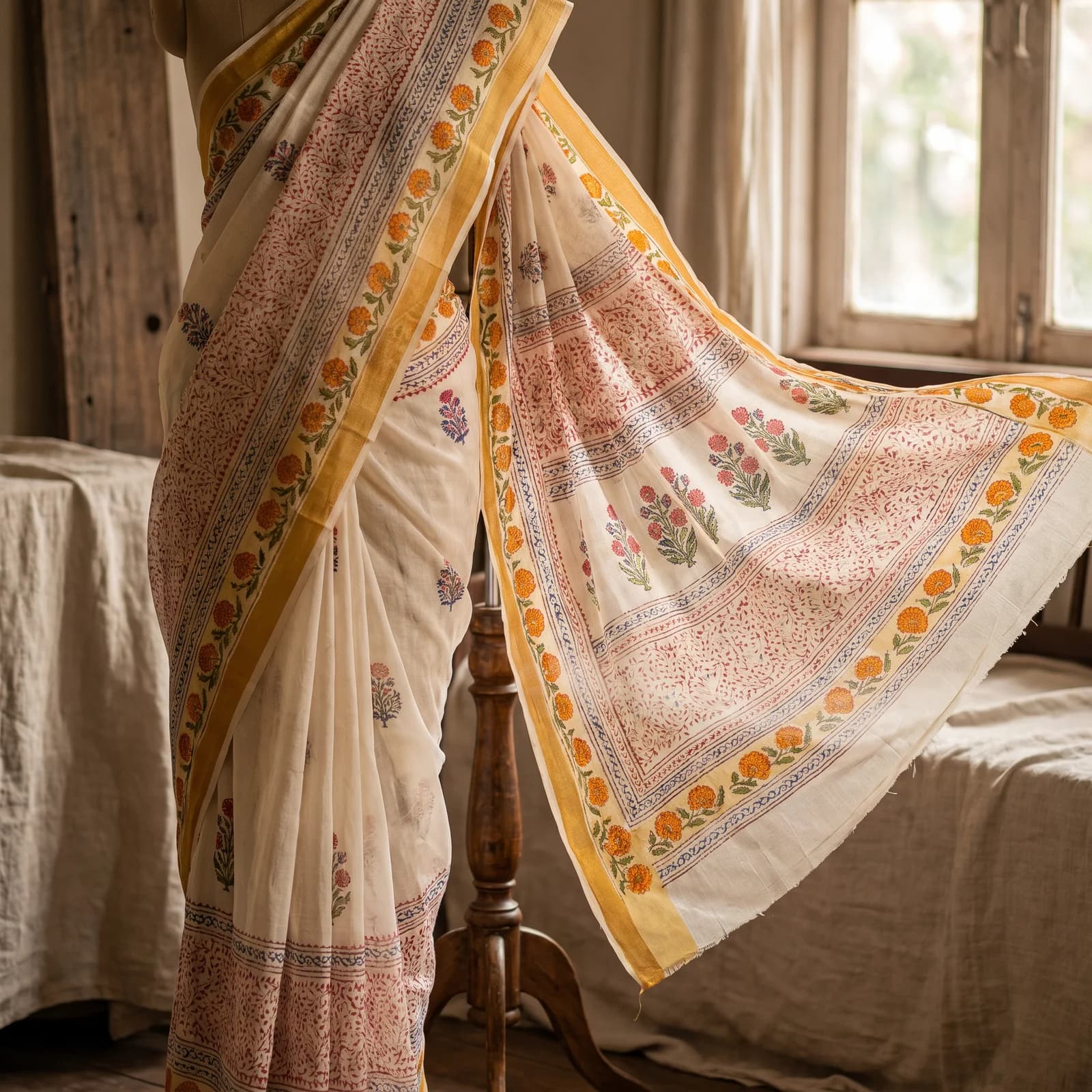 Hand Block Mulmul Saree — Marigold Border