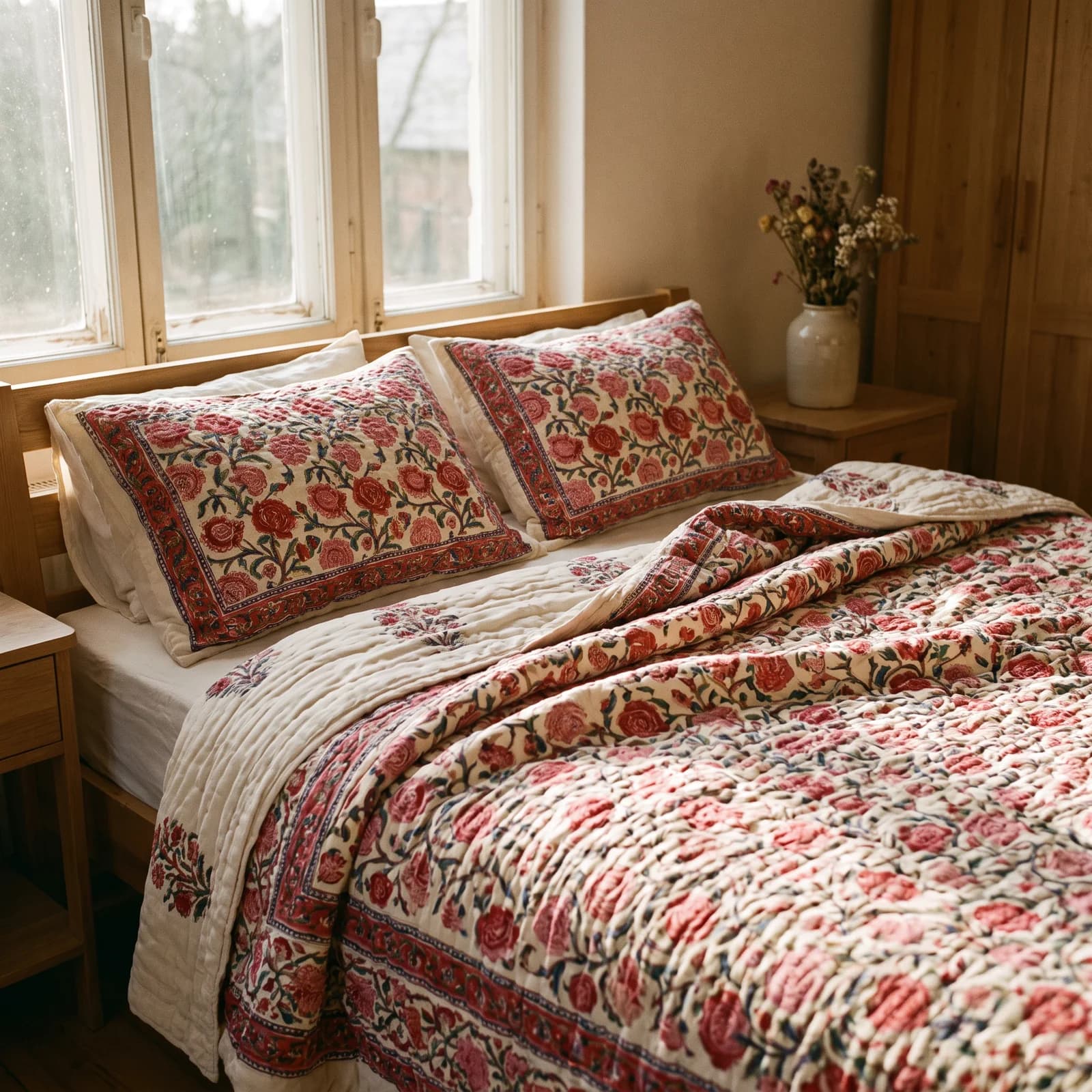 Hand Block Quilted Bedcover Set — Double, Rose Buti