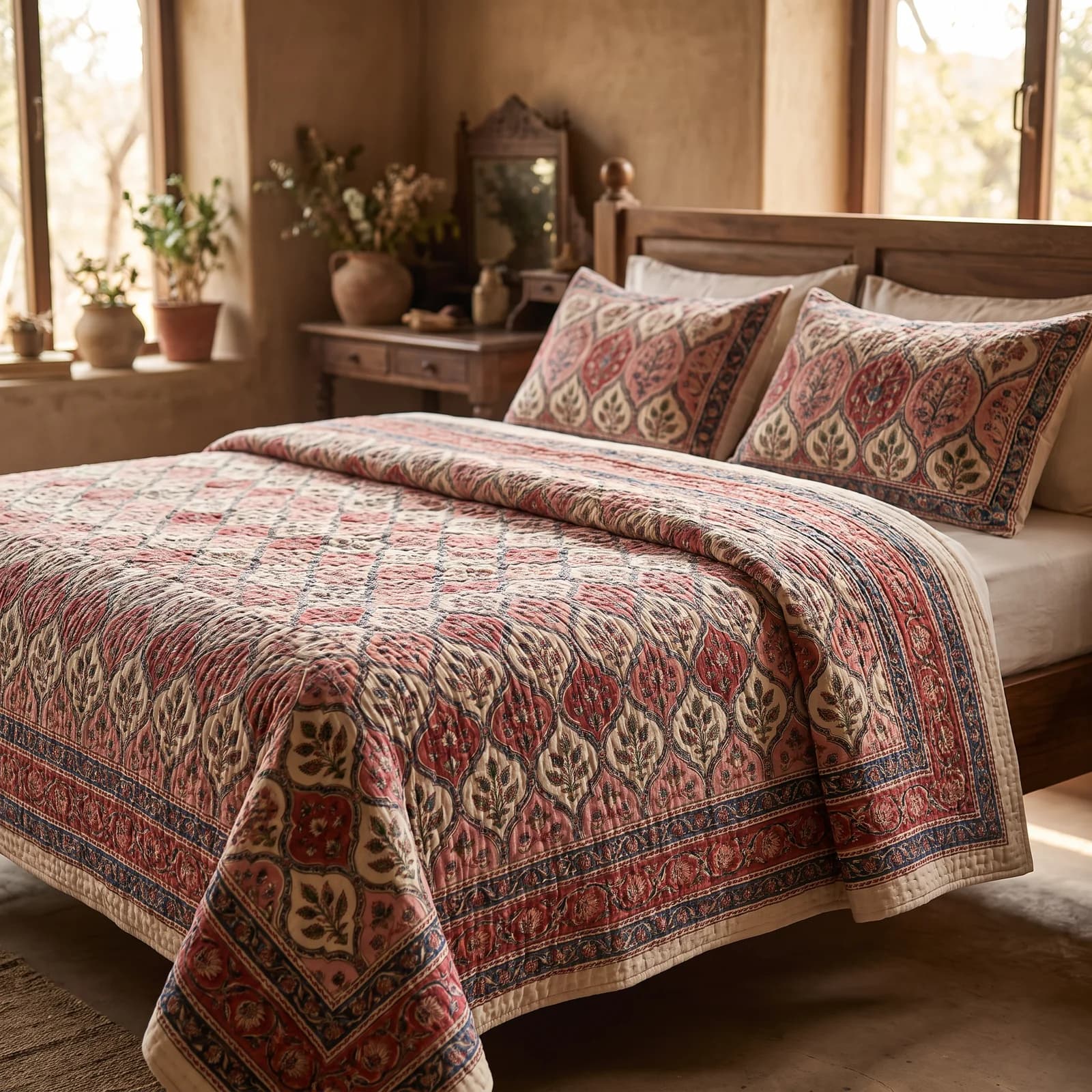 Hand Block Quilted Bedcover Set — King, Mughal Jaal Ivory