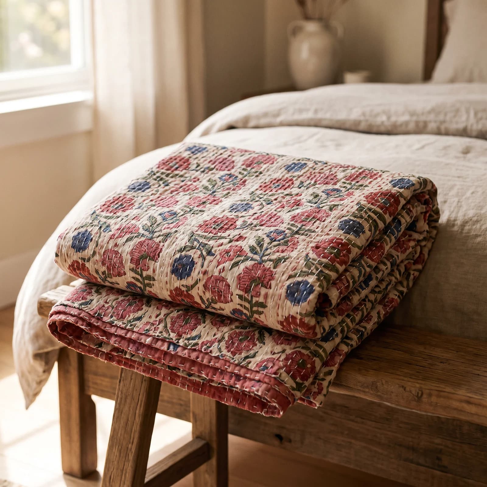 Kantha Quilt — Pink Phool, Double