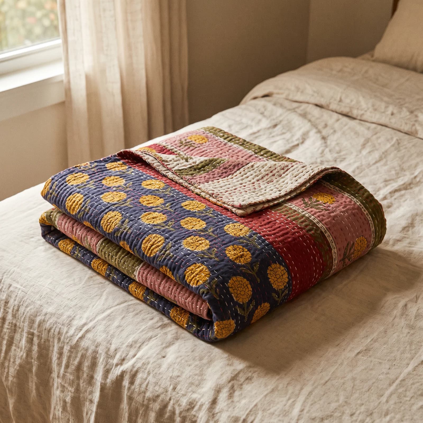 Kantha Quilt — Yellow Marigold, Double