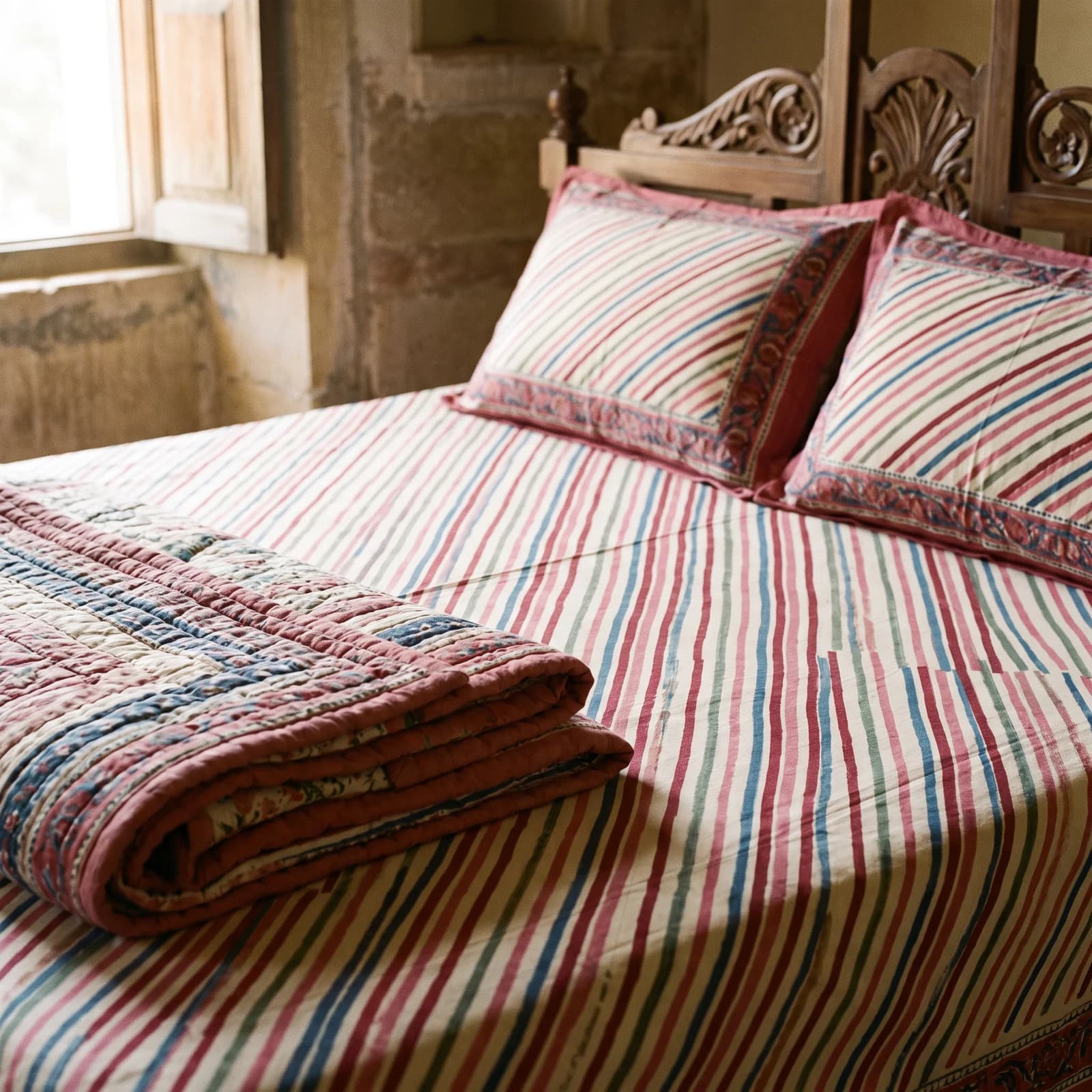 Leheriya-inspired Block Queen Bedsheet + 2 PC — Multi
