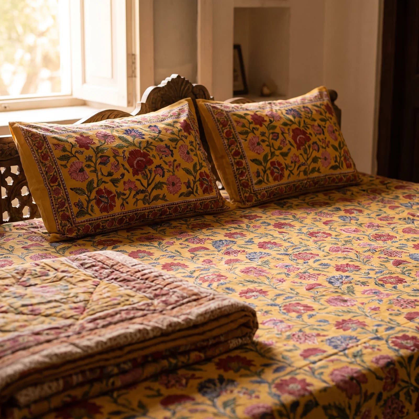 Marigold Bel Hand Block Double Bedsheet + 2 PC — Haldi Yellow