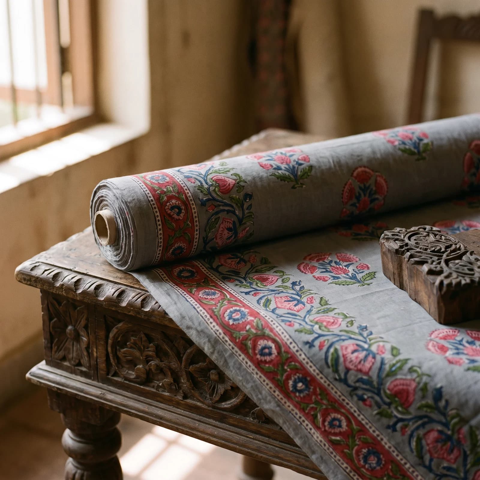 Mughal Bel Cotton Fabric — Grey