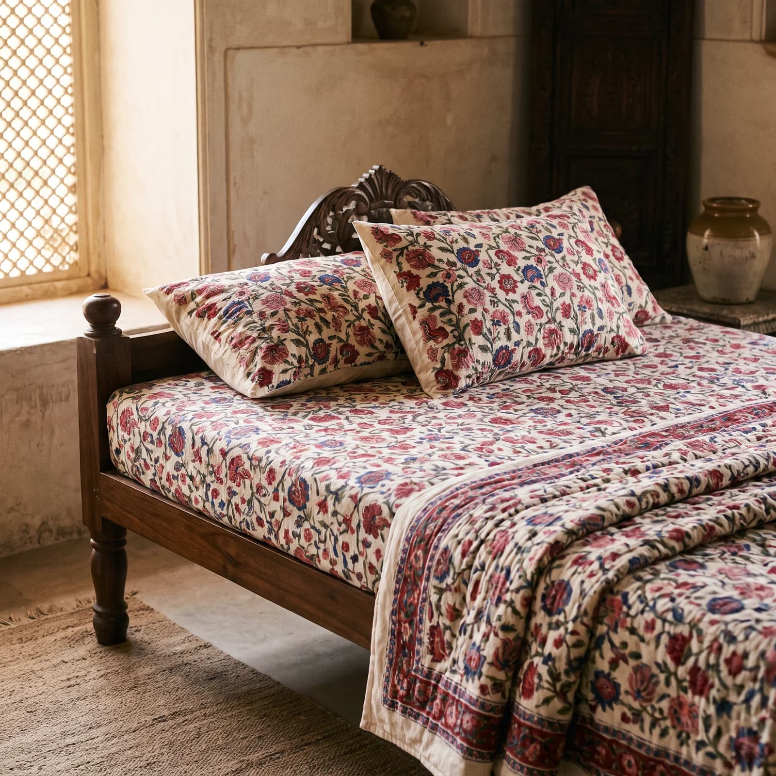 Mughal Jaal Hand Block King Bedsheet + 2 PC — Red-Ivory