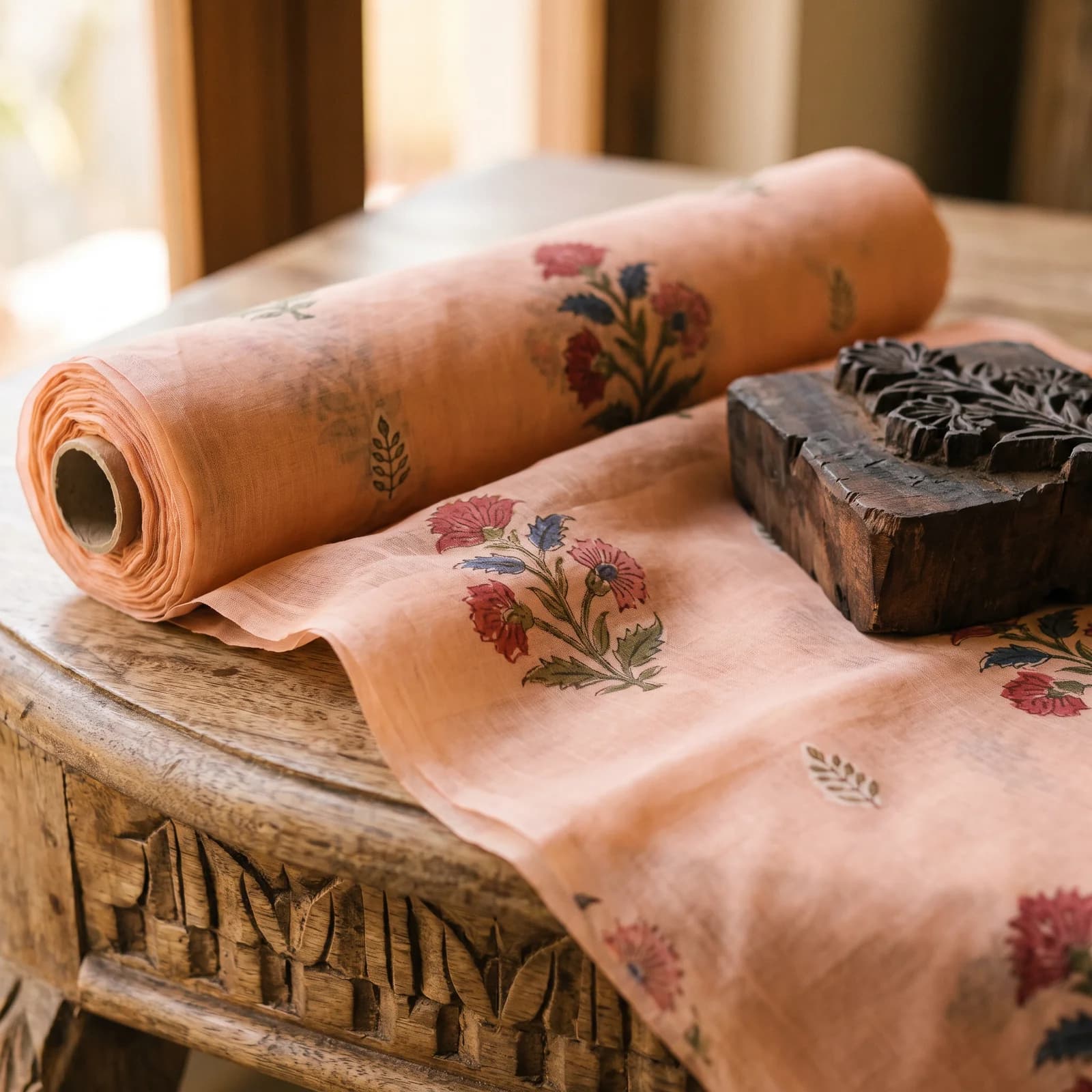 Mulmul Block Print Fabric — Peach Phool