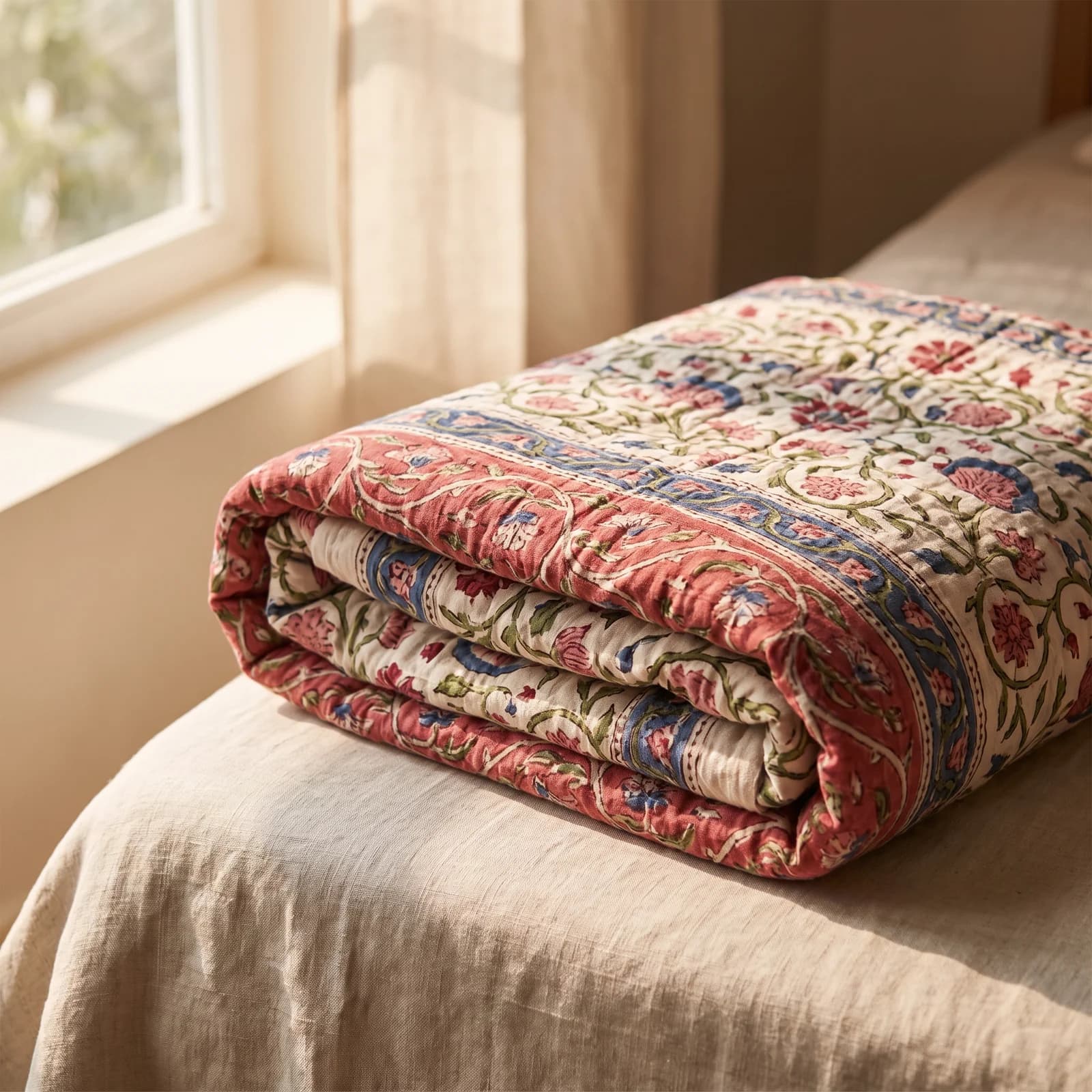 Mulmul Dohar 3-Layer — Double, Sanganeri Bel Pink