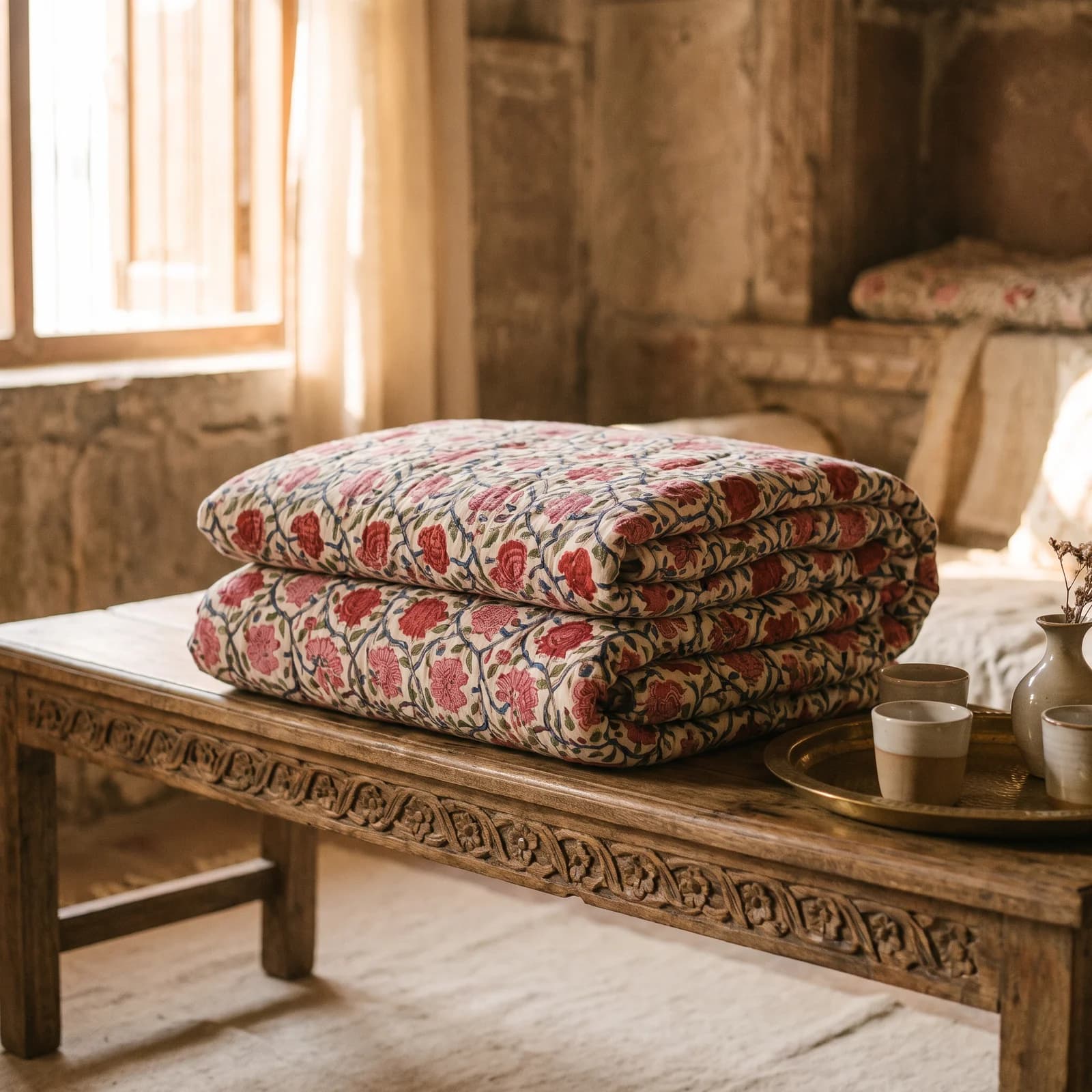 Original Jaipuri Razai Hand Block — Double, Mulmul, Rose Jaal