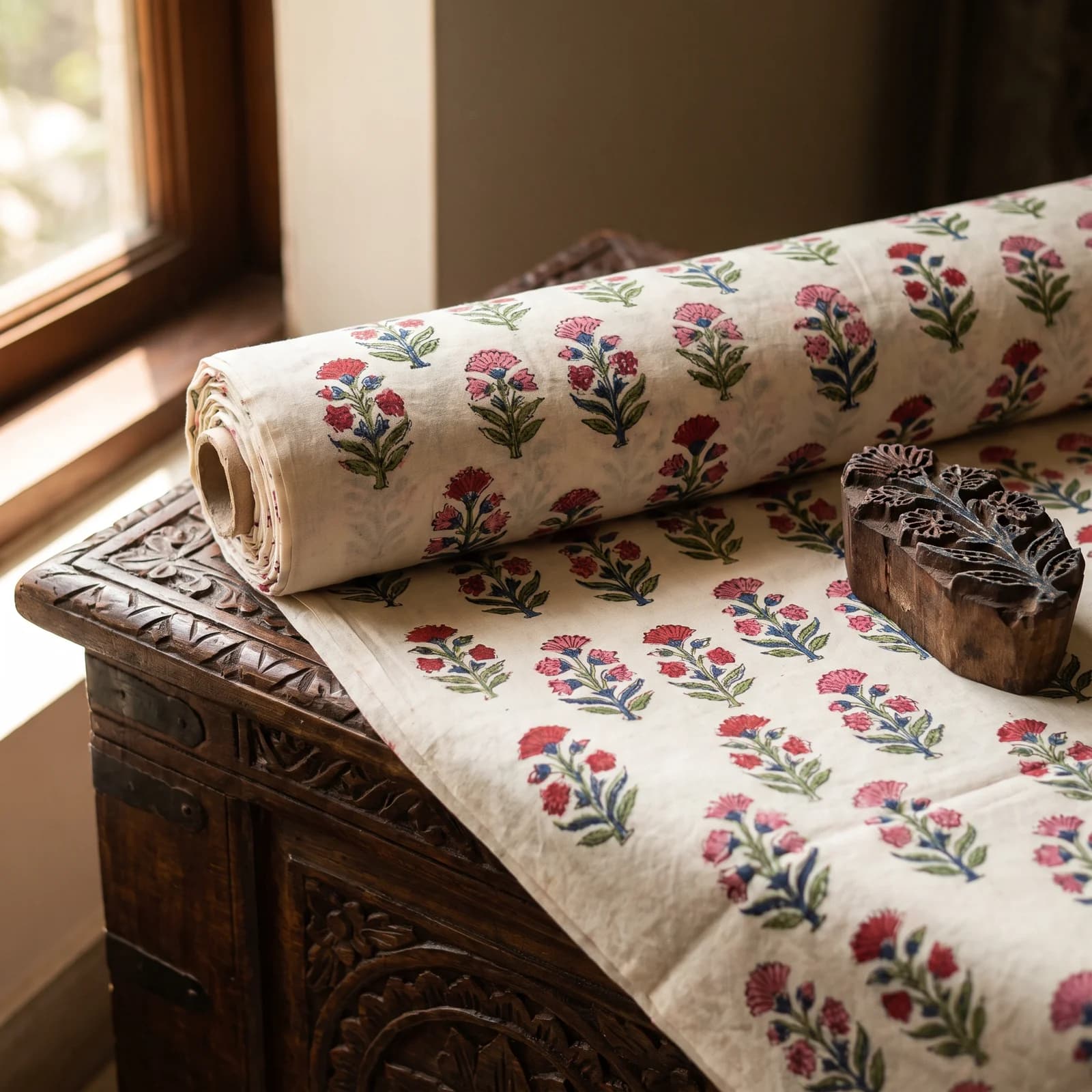 Sanganeri Buti Cotton Fabric — Pink on White