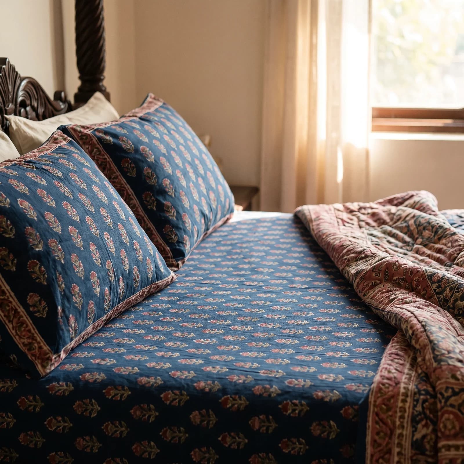 Sanganeri Buti Hand Block King Bedsheet + 2 PC — Indigo