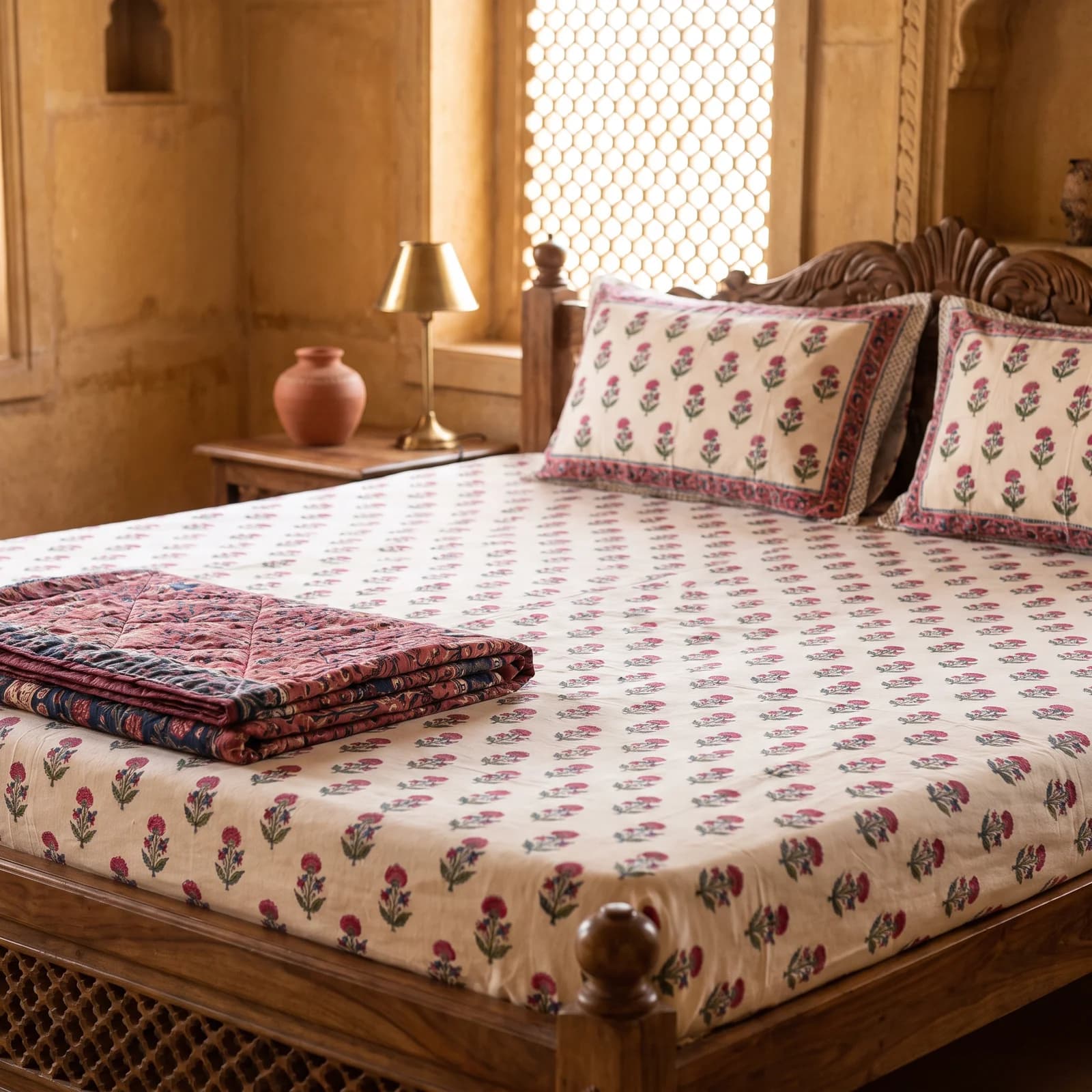 Sanganeri Buti Hand Block King Bedsheet + 2 PC — Rani Pink