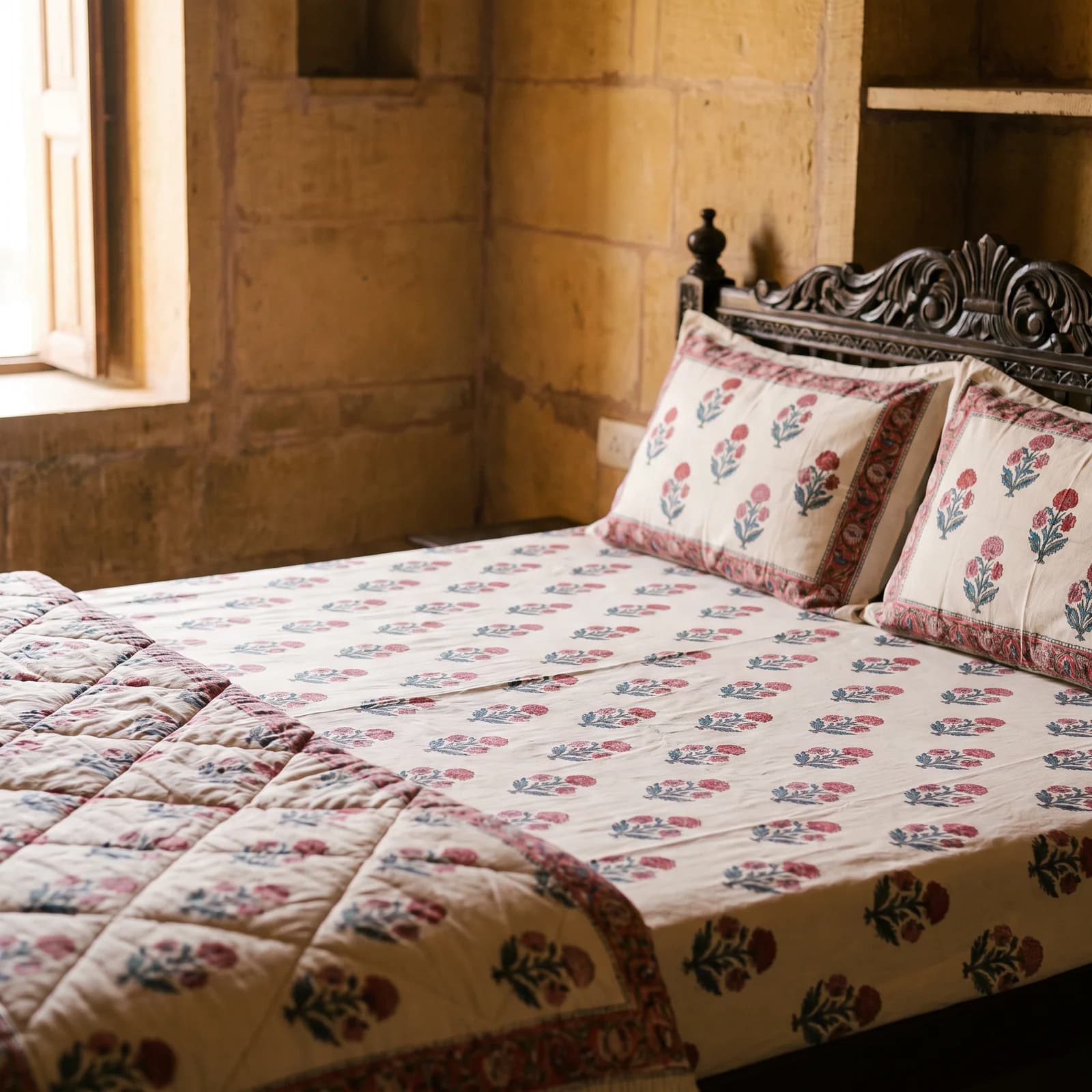 Sanganeri Buti Single Bedsheet + 1 PC — Pink