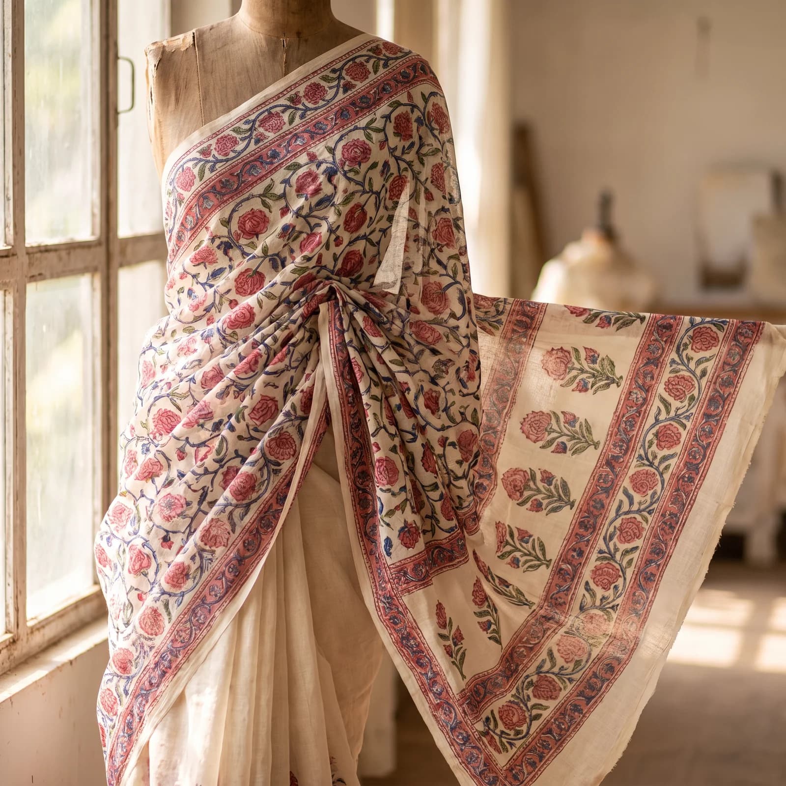 Sanganeri Print Mulmul Cotton Saree — Rose Jaal